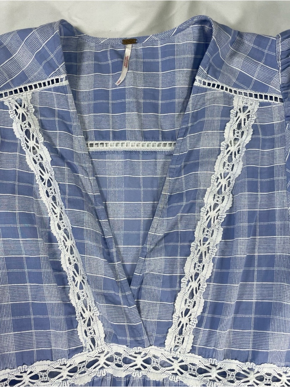 Free People Blue Plaid Lace Babydoll Mini Dress Boho Prairie Small - Picture 4 of 13